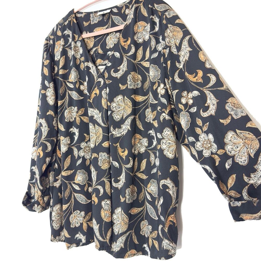 J Jill Women’s Size 2X Black Paisley Blouse V-Neck Front Pleat 3/4 Sleeve